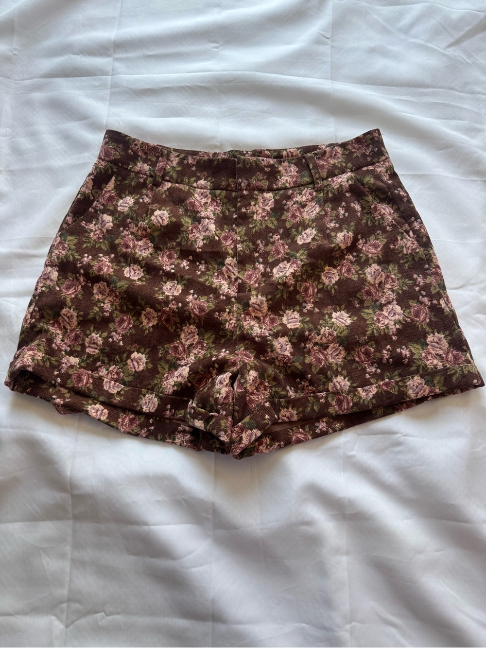 Altar'd State Brown Floral High-Waist Shorts with Pink Roses